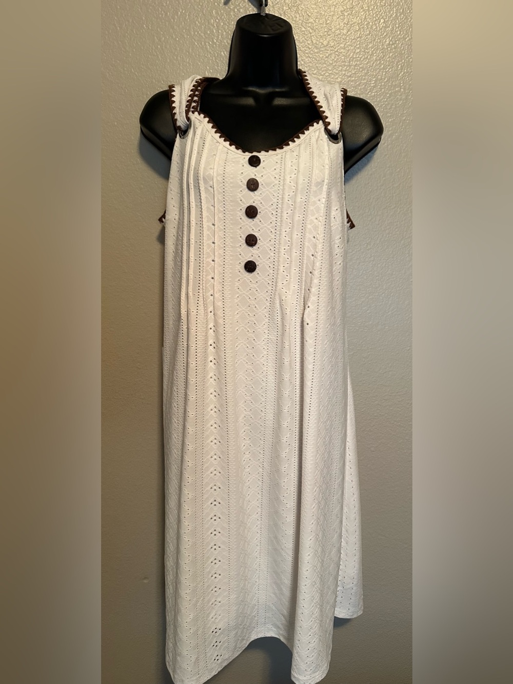 Cream Eyelet Sleeveless Summer Dress with Contrast Buttons